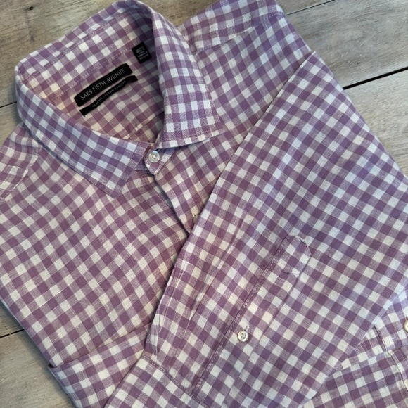 Saks Fifth Ave Linen Gingham Lavender Purple Slim Button Long Slve Shirt Men XXL - Picture 1 of 11